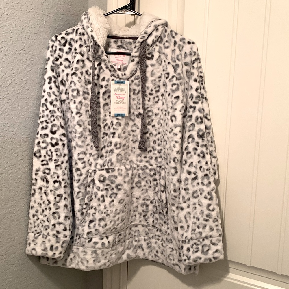 Member's Mark White Gray Cheetah Print Cozy Plush Hoodie Pullover Women's L NWT